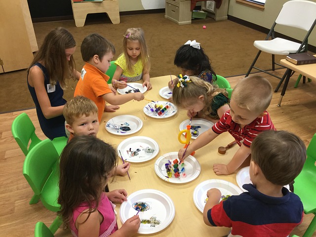 Kids in a colorful classroom